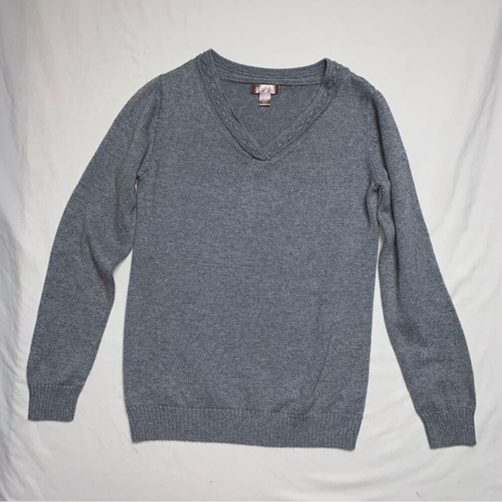 Cozy Gray Sweater Women's Small Knit Long Sleeve V Neck Casual Preppy Spring